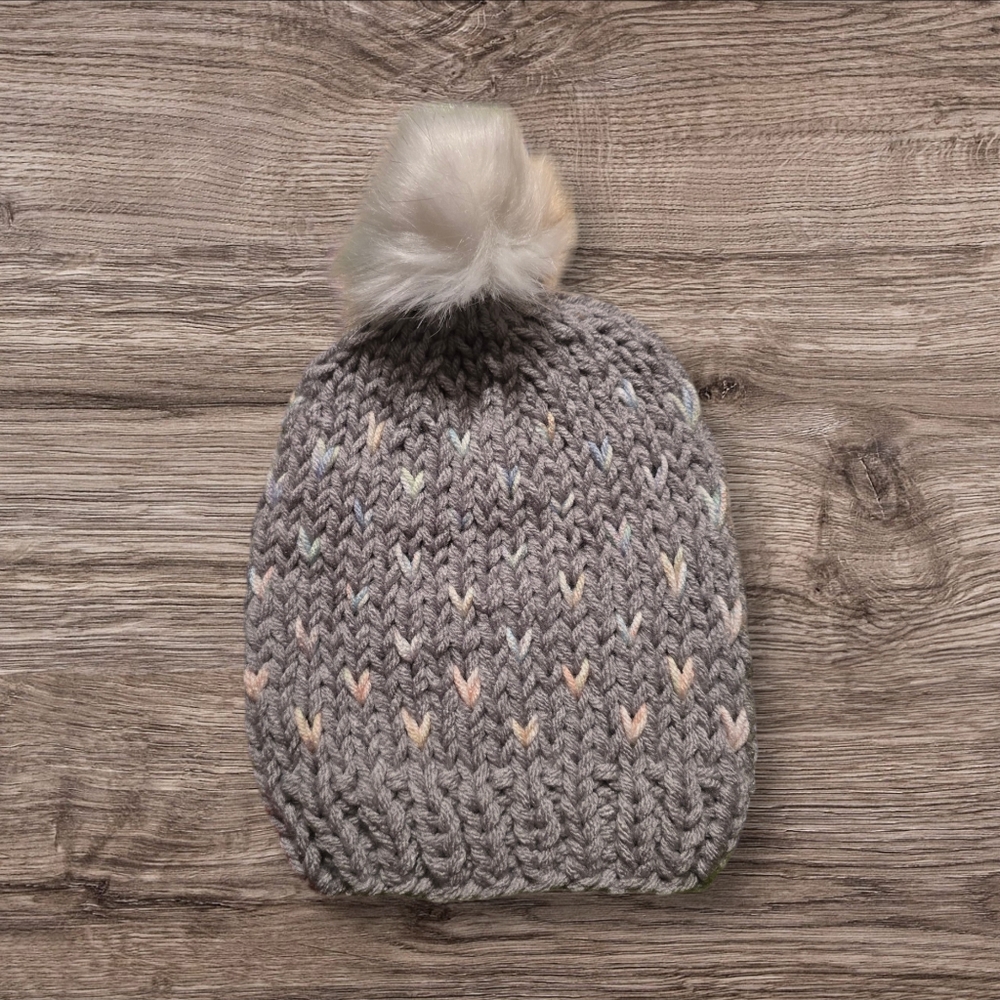 Handmade Knitted Youth Winter Hat with Hearts and PomPom